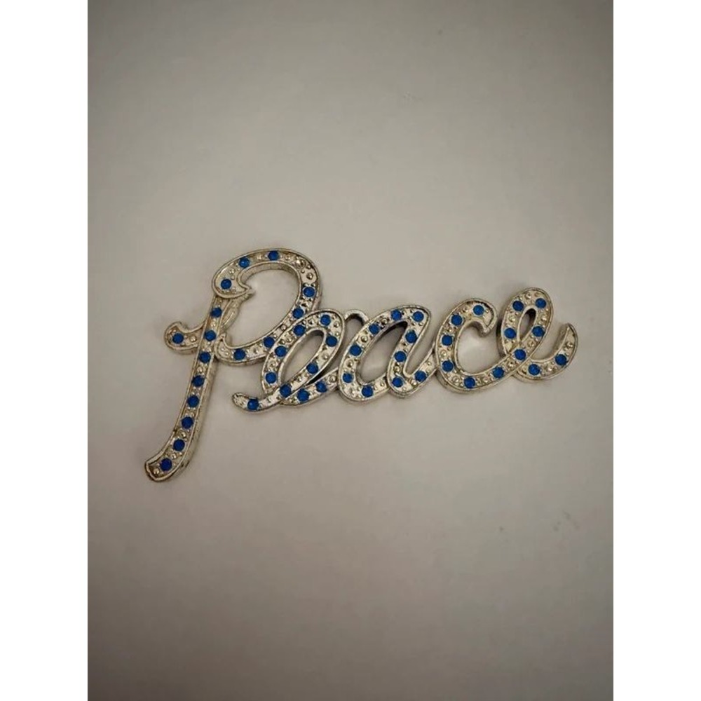 Silver tone & Blue Rhinestone Peace Word Pendant
